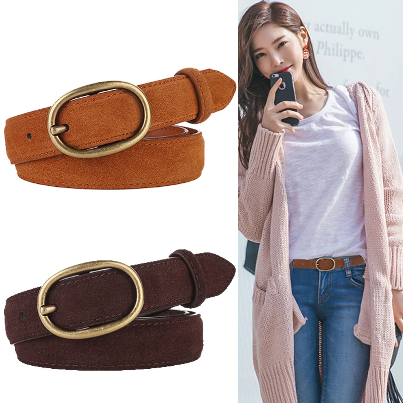 New Luxury Suede Cowhide  Genuine Leather Belt for Women 2.3cm Wide with Elegant Metal Pin Buckle Ideal for Jeans and Dresses