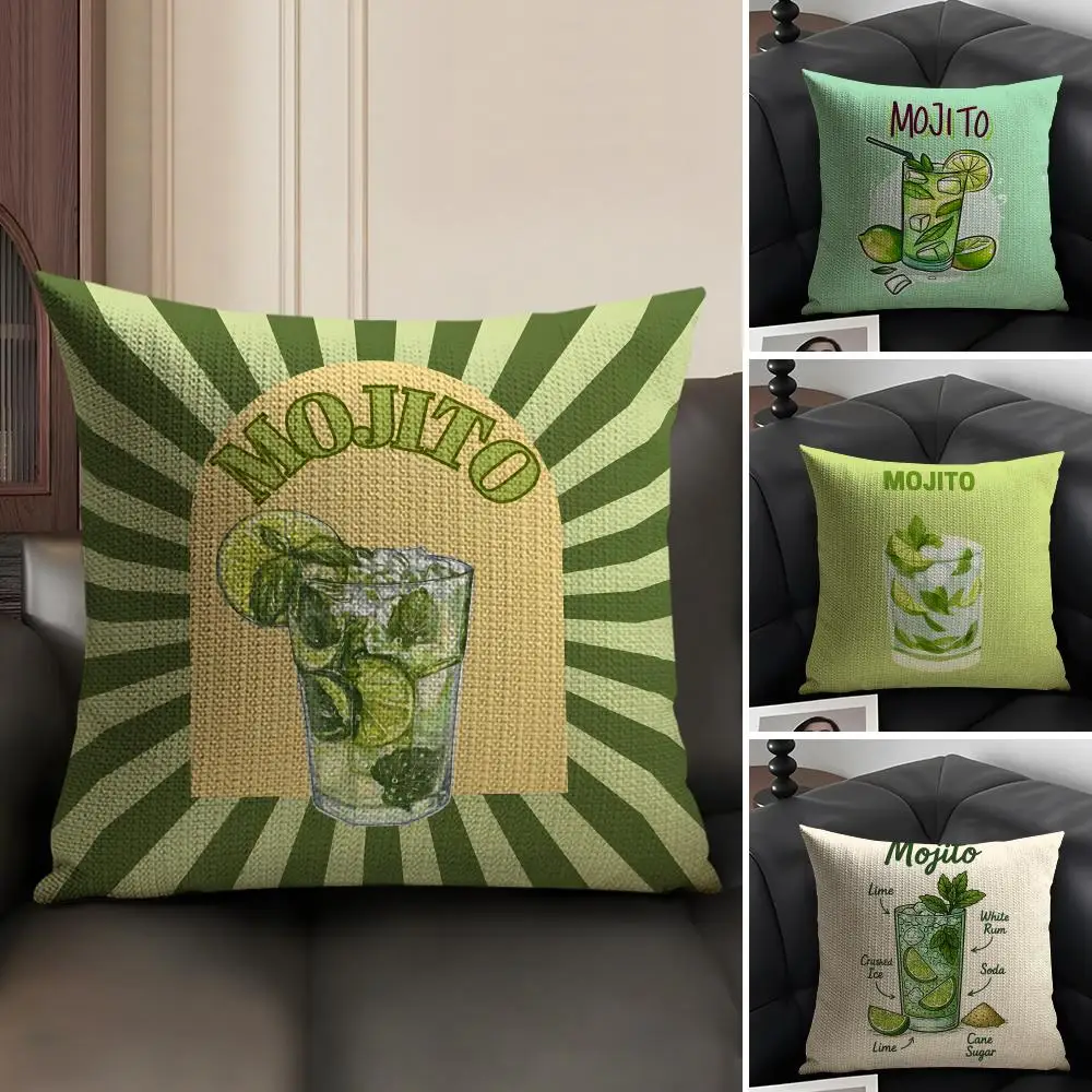Mojito Cocktail INS Cushion Cover Natural Linen Organic Fabric Double-Sided Printing Sofa Home Decor Gift Pillow Case