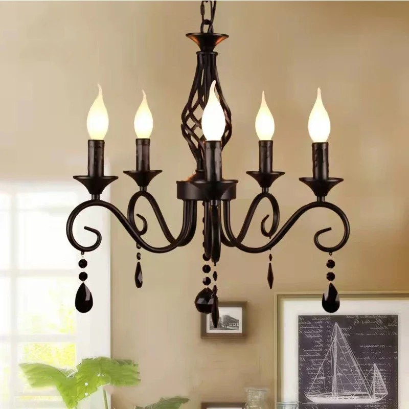 American Black Crystal Pendant Lamp 6 Heads Candle Lamp Bedroom Dining Room Ceiling Lamp Study Home Decor Chandelier Light