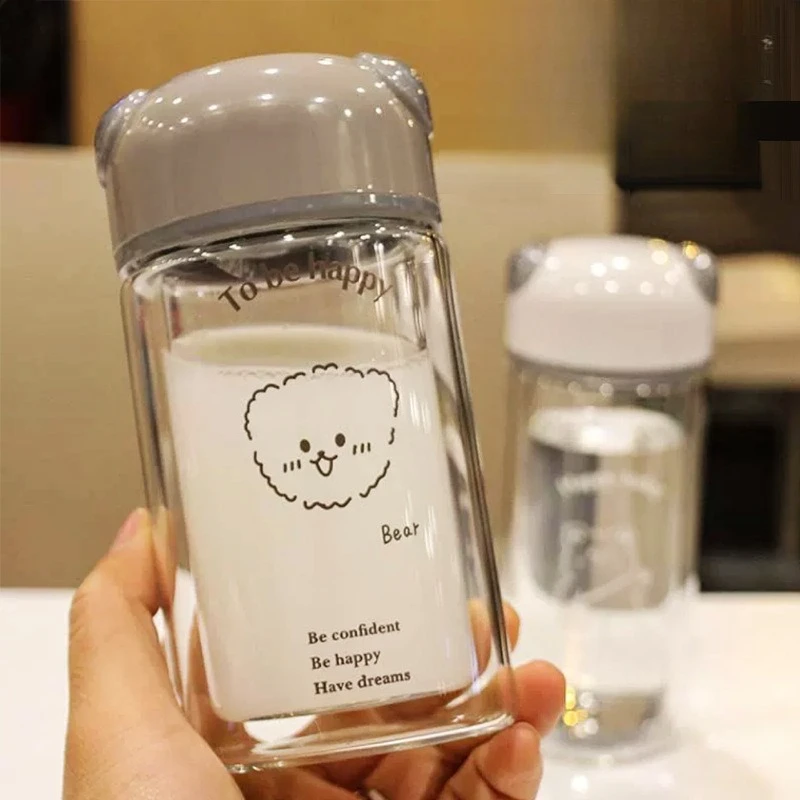 

Cute Cartoon Double Wall Insulated Glass Cup Borosilicate with Lid Thickened Heatproof Water Bottle for Women Students