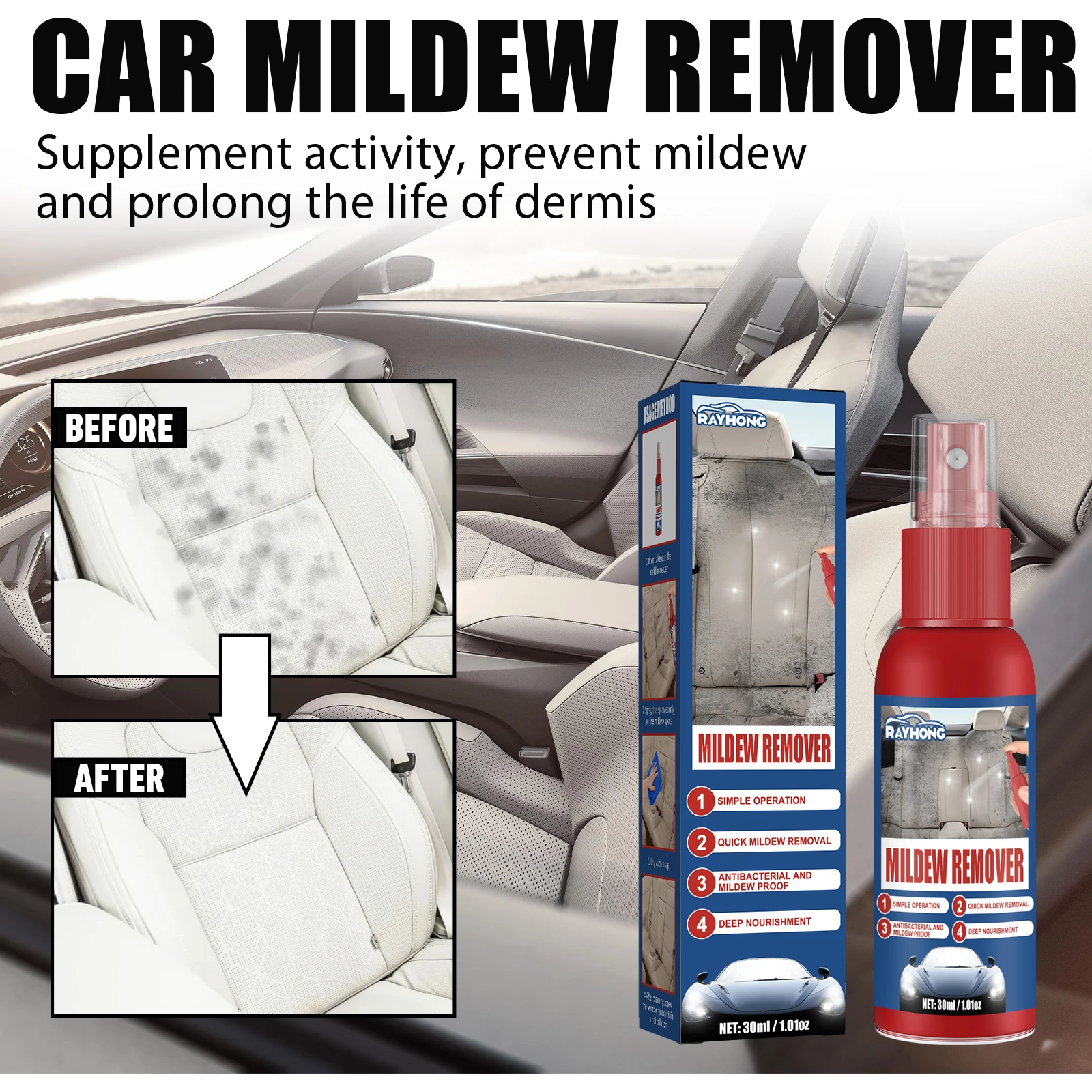 Car Mildew Remover Spray Multi-Functional Stain Mold Remove Leather Fabric Seat Headliner Interior Renovate Car Interior Cleaner