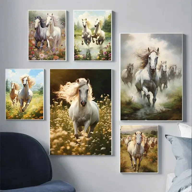 Pósteres de pastizales de caballos blancos, pinturas en el desierto, imágenes decorativas de animales, decoración de pared de habitación, pintura en lienzo, decoración del hogar