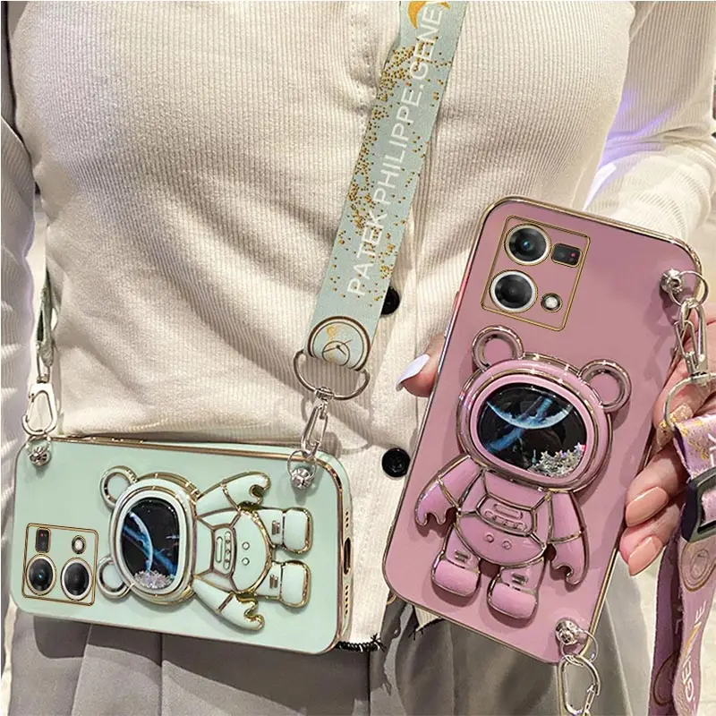 Quicksand Astronaut Holder Lanyard Phone Case For Oppo Reno 7 8 9 Pro Plus 8T 4G 5G 5F 2Z 2F 7SE 5 Lite 6Z 4Z 5G Reno 2 3 Cover