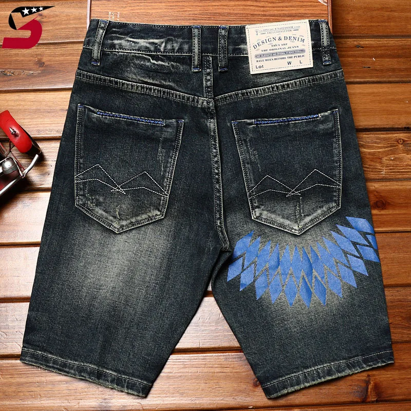 Celana pendek denim pesepeda pria, 2024new, retro, celana pendek pria, mode bermotif, melar, slim fit, LUBANG & patch, celana fifth