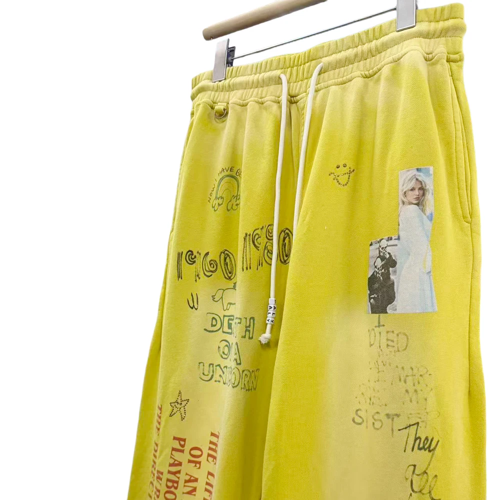 Y2k Streetwear Vintage Sweatpants with Rhinestones Letter Hip Hop Street Style Cotton Retro Distressed Yellow Casual Loose Pants