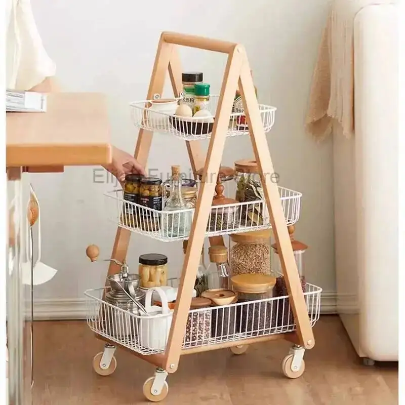 

Room Wood Household Cart Living Solid Small Movable Storage And Storage Rack Multi-layer Wheels Storage Rack Salon Furniture