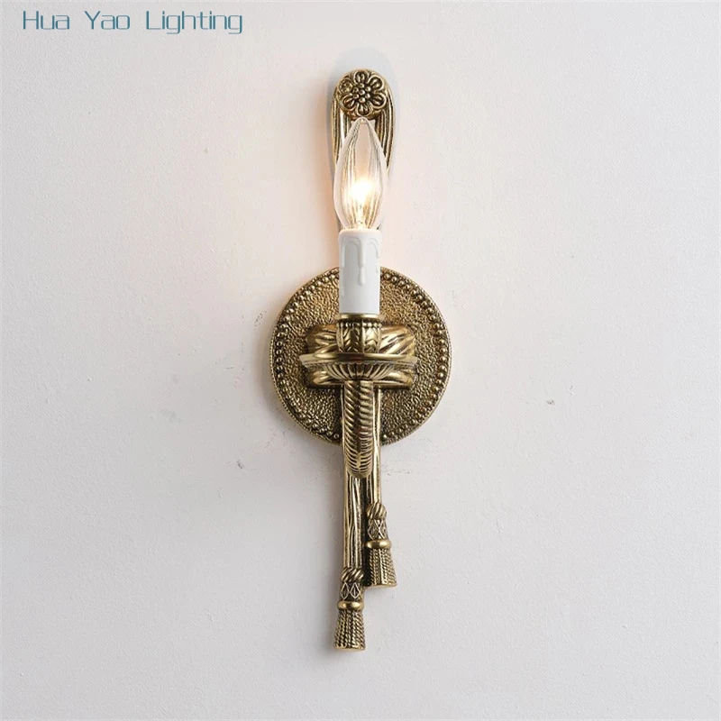 American Retro All-Copper Wall Lamps French Loft Luxury Bedroom Bedside Lamp Living Room Candlestick Decorative Sconces Lights