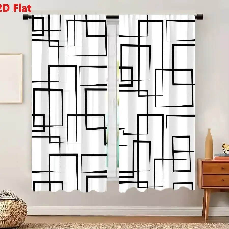 2Pcs Curtains 2D Flat Black And White Abstract Geometric Pattern With Overlapping Rectangles On White Background Window Drapes f