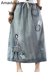 AmaxluluE 2025 Fashion Streetwear Women Summer Classic Embroidery Loose Denim Holes Skirts Ladies Casual Vintage Cartoon Clothes