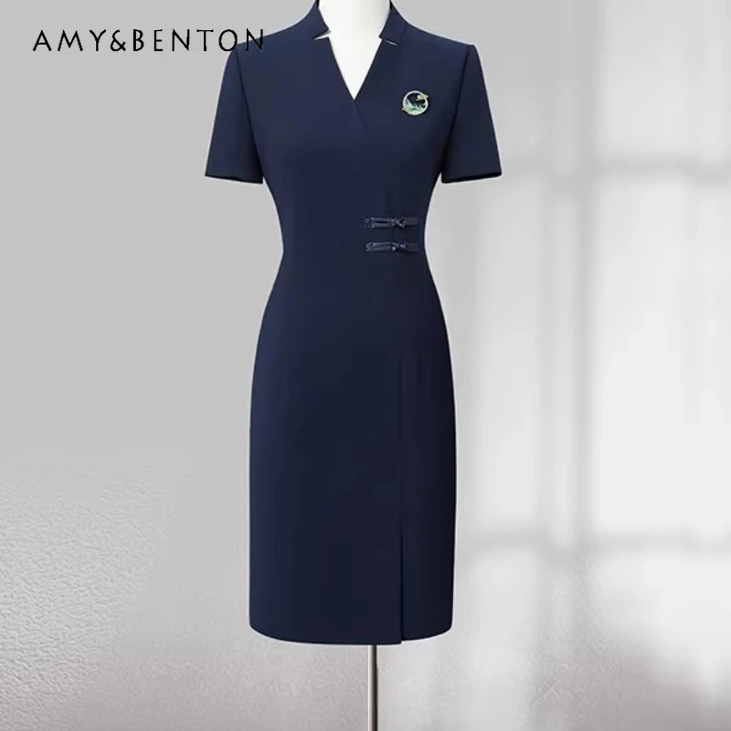 

Chinese Style Professional Women's Dress 2026 Summer New V Collar Short-sleeved Temperament Slimming Thin Work Clothing Ladies