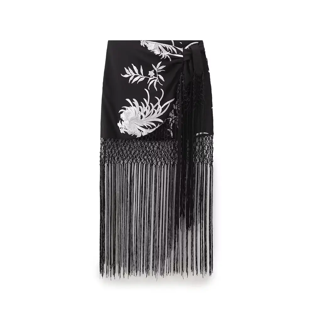 

TRAFZA Fashion Woman Chic High Waist Slim Skirt Female Plant Flowers Embroidery Asymmetrical Tassel Decorate Casual Skirt TRAF