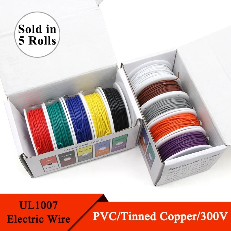 （5 Colors Mix Kit）UL1007 Wire PVC Insulation Tinned Copper Cable Stranded Electrical Line 30/28/26/24/22/20/18/16 AWG PCB Wire