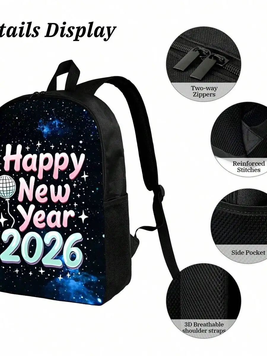 

Happy New Year 2026 Galaxy Print Backpack Waterproof Lightweight Casual Daypack For Adults