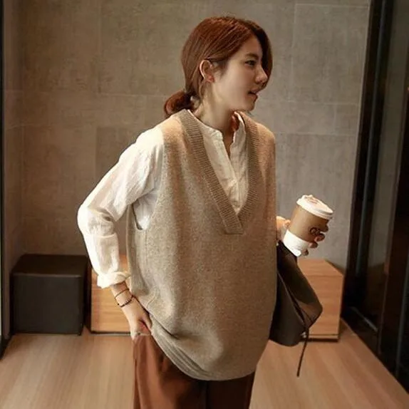 

Свободный шерстяной вязаный жилет в Корейском стиле с V-Ne средней длины, женский свитер, жилет, весна-осень, новая мода