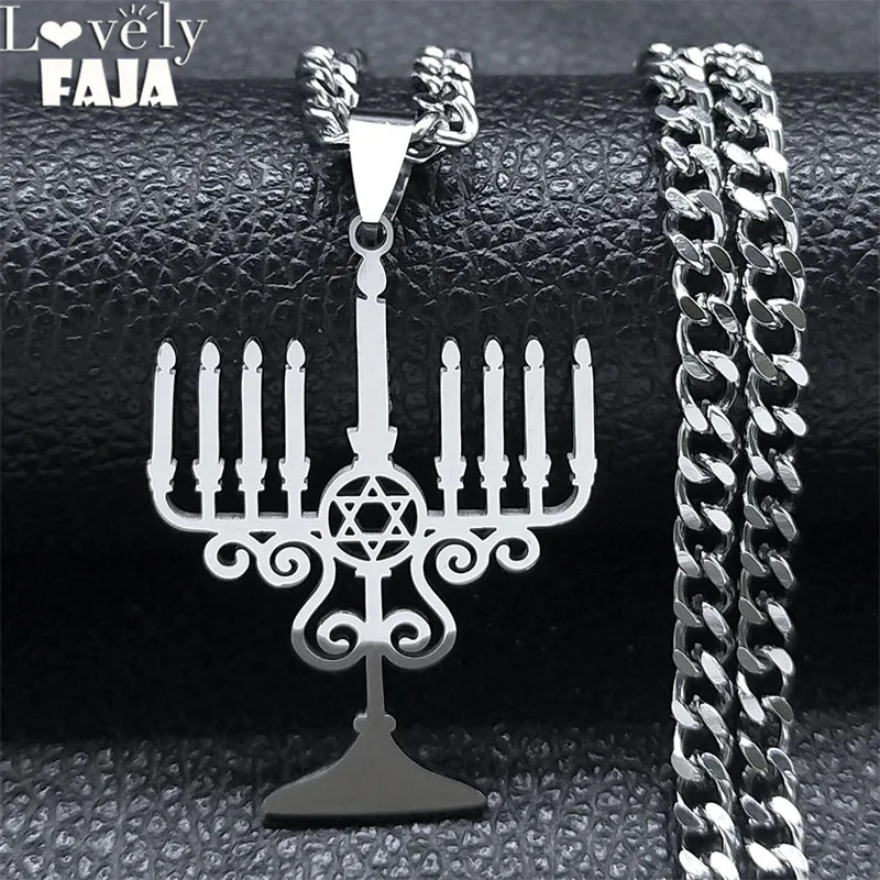 Jewish Menorah Star Of David Necklace for Women Men Stainless Steel Judaism Hebrew Faith Lamp Hanukkah Amulet Necklaces Jewelry