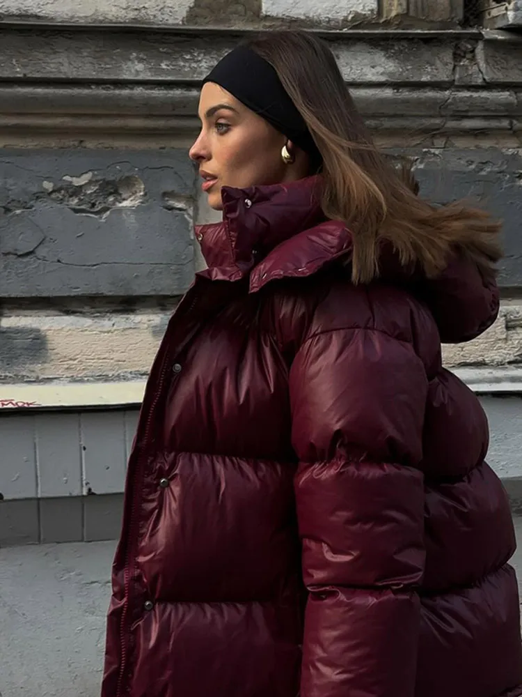 Women Fashion Burgundy Red Hooded Padded Jacket Winter Warm Stand Collar Zipper Breasted Parka 2024 New Lady High Streetwear