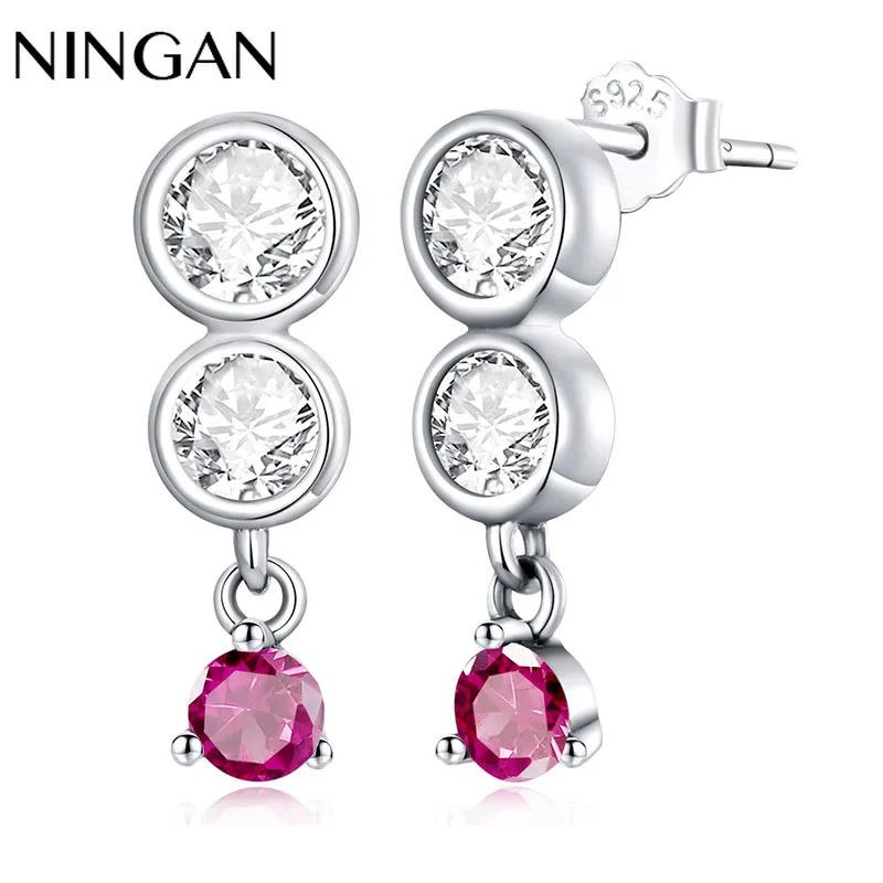 

NINGAN Women Simple Drop Earrings Red Silver Zircon Pendant Earring Sparkling Fashion Fine Jewelry Wedding Gift