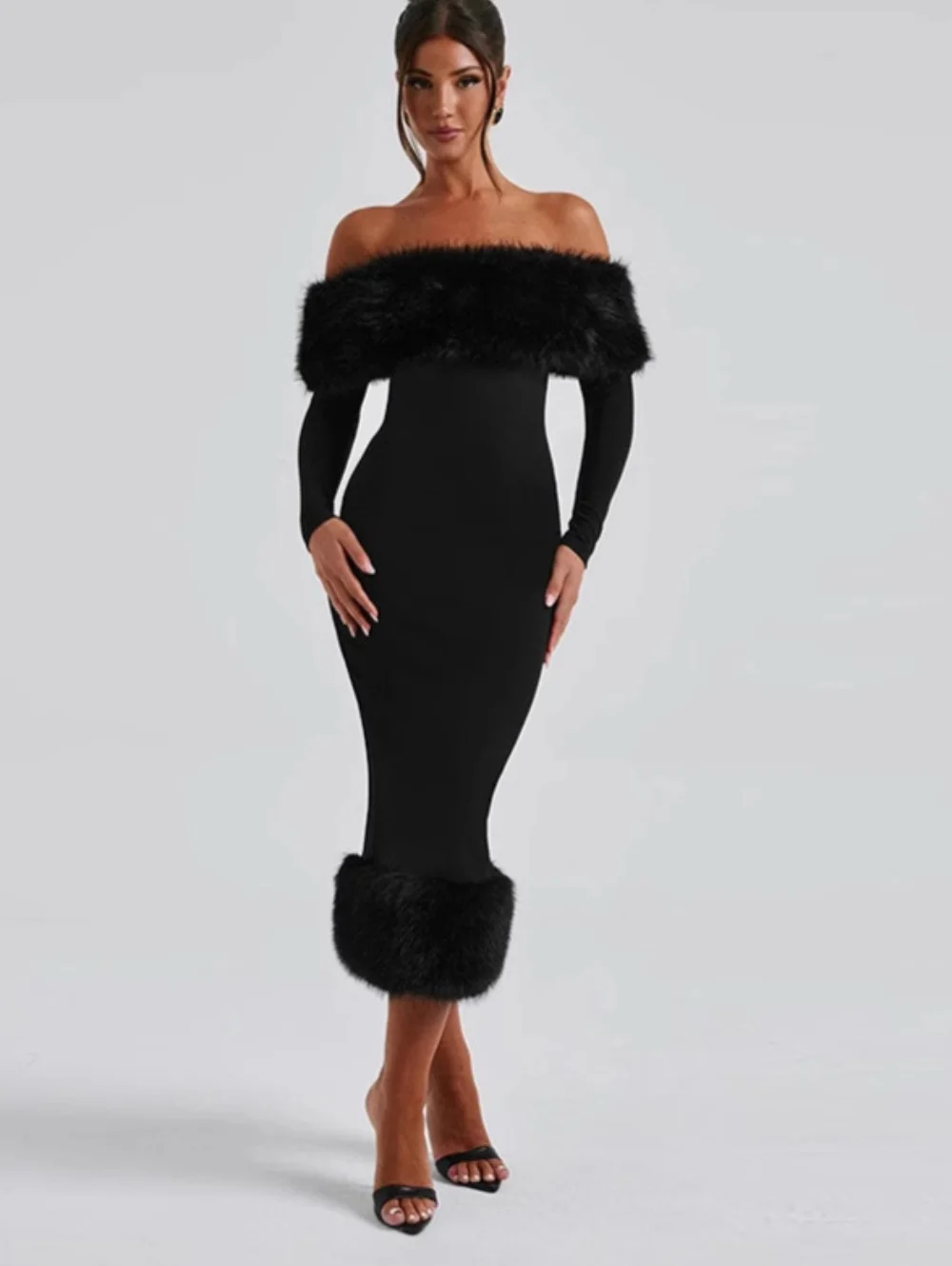 Women's Black Novel Furry Neck Long Sleeve Dress Sexy Off Shoulder Slim Dresses