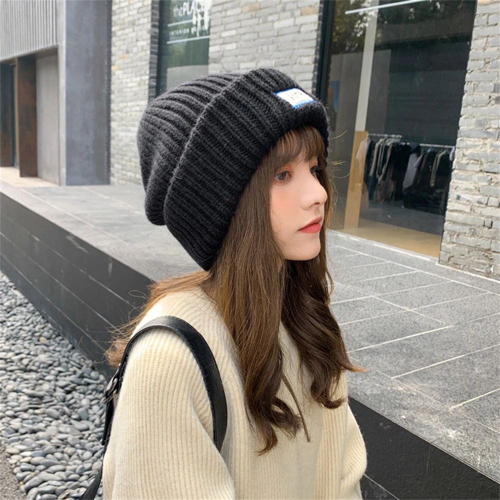 Big Head Women's Cap Knitted Beanies Hat Thick Soft Warm Coarse Large Knitted Solid Hat Female Ice Ski Bonnet Beanies Hat Cap