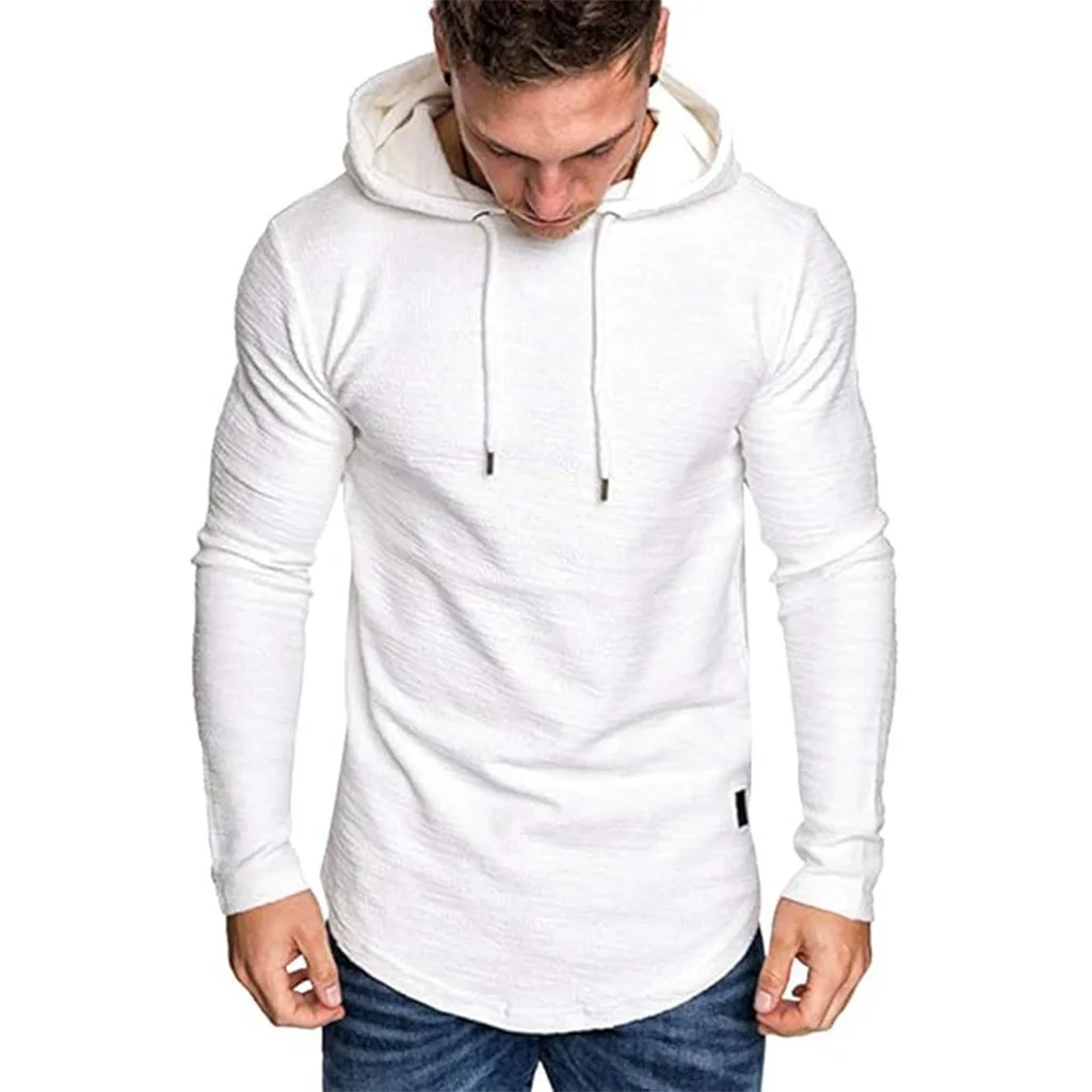 Herren-Langarm-T-Shirt mit Kapuze, Kordelzug, Baumwolle, lässig, gemütlich, einfarbig, schmale Passform, für Herren, Sport, Fitness, atmungsaktiv – Detail 23