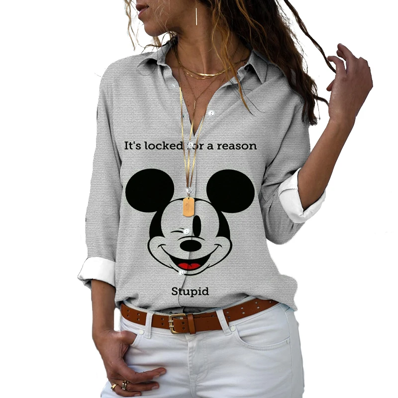 Floreale elegante camicia con risvolto Harajuku Casual femminile Disney Top temperamento camicia a maniche lunghe elegante Top Fashion camicia allentata Y2K