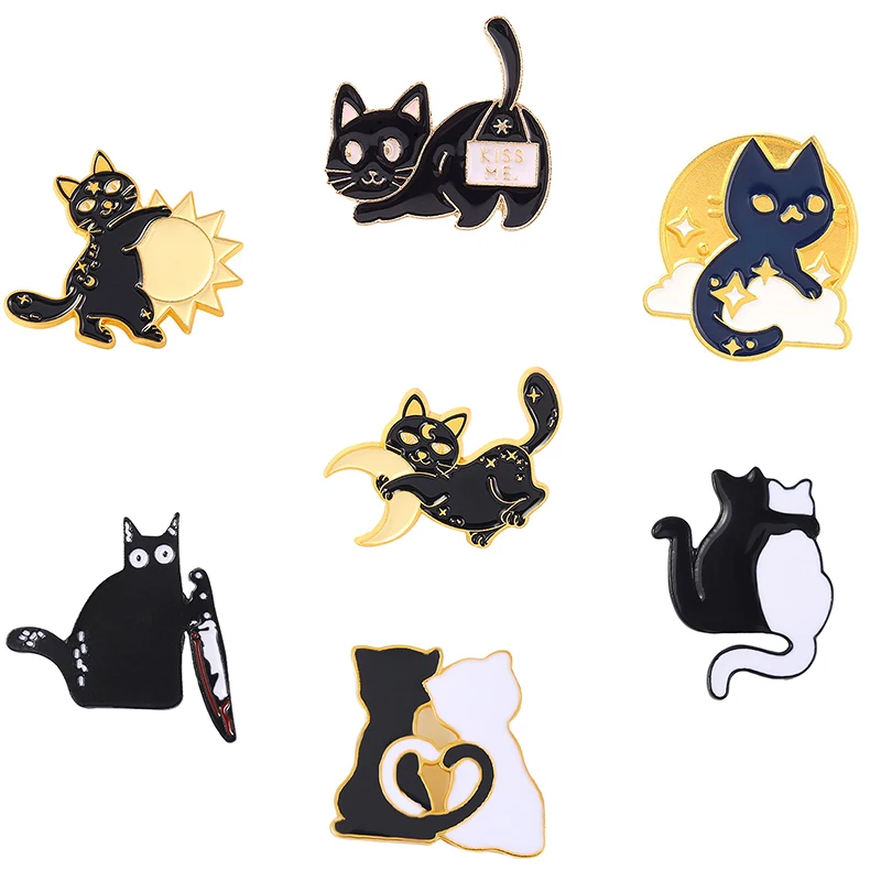 Broche de gato, broche delicado de gato con forma de luna, broche de animal, broche de gato blanco, broche de gato negro Punk, Pin de gato para pareja, lindo pequeño negro