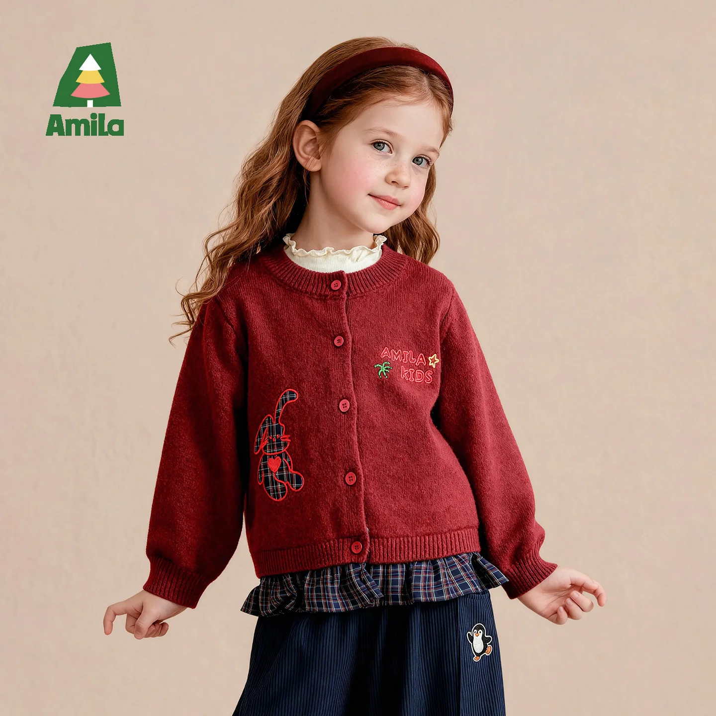 Amila 2026 Autumn New Kids Color Block Knitted Cardigan Contrast Applique Embroidery Vintage Preppy College Style Top