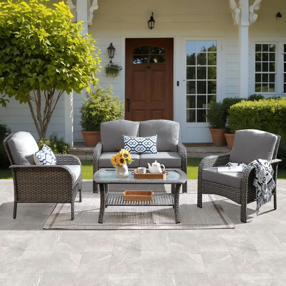 

4 Pieces Patio Furniture Set, Outdoor Wicker Sofa with Coffee Table, Chairs, All Weather High Back Rattan Loveseat Couch with C
