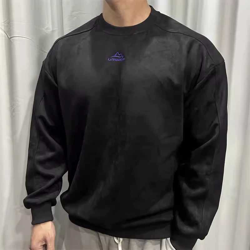 

Мужской свитшот большого размера из замши с круглым вырезом, осенне-зимний, плотный, свободный, повседневный, с длинными рукавами, в стиле ретро, модный, с вышивкой