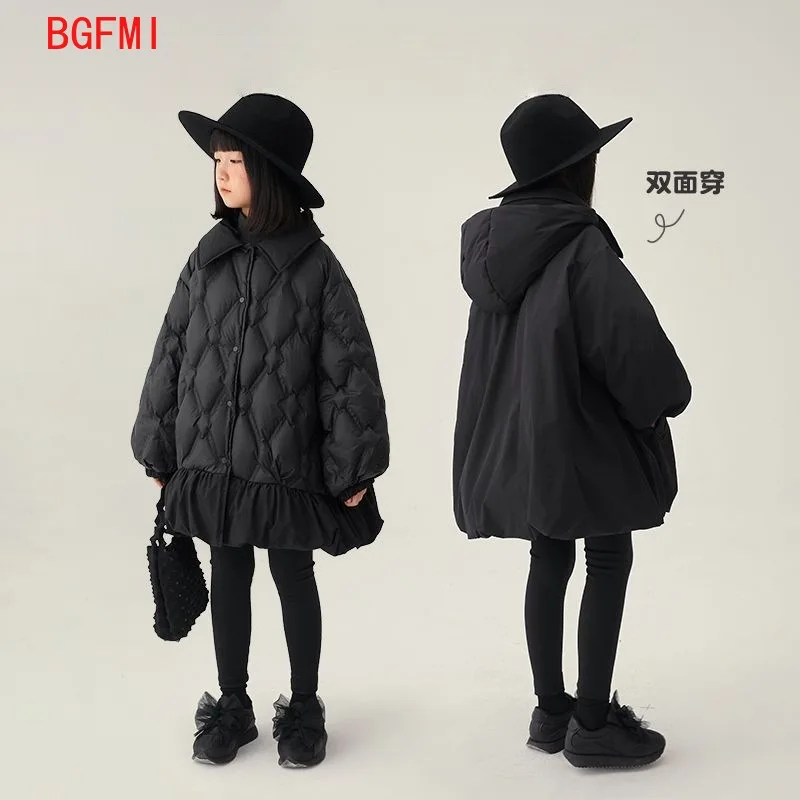 Reversible Korean Fashion Girls Long Padded Coat Casual Daily Winter Jacket Thick Cotton Puffa Solid Color Hooded Kids Warm Coat