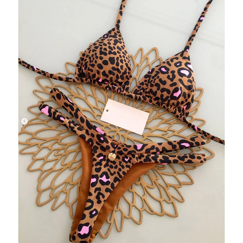 Modny strój kąpielowy bikini z nadrukiem, damski, trójkątny, wiązany na szyi, bandażowy, stringi, push-up, letni, nowy model 2025, seksowna odzież plażowa w stylu Spice Girls.