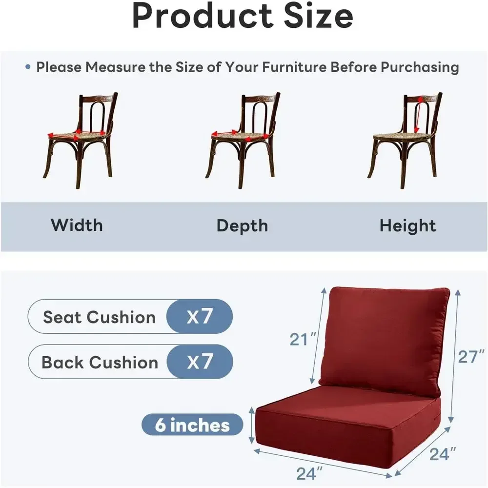 7-Piece Outdoor Chair Cushion Set - 24 x 24 x 6 Waterproof Patio Furniture Cushions with Removable Covers, High-Density Foam Fil