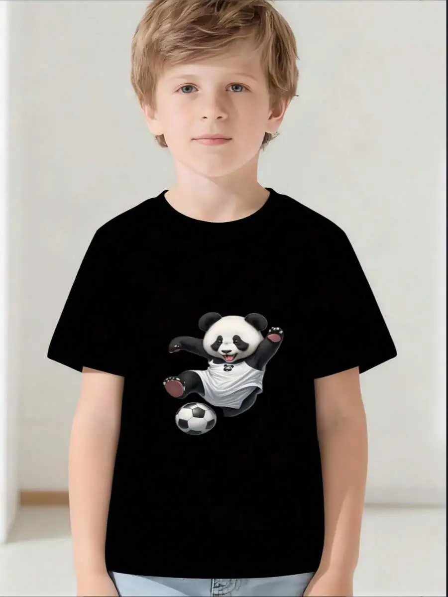 Boys' T-Shirt Featuring A Fun Design Of A Cartoon Panda Playing Soccer