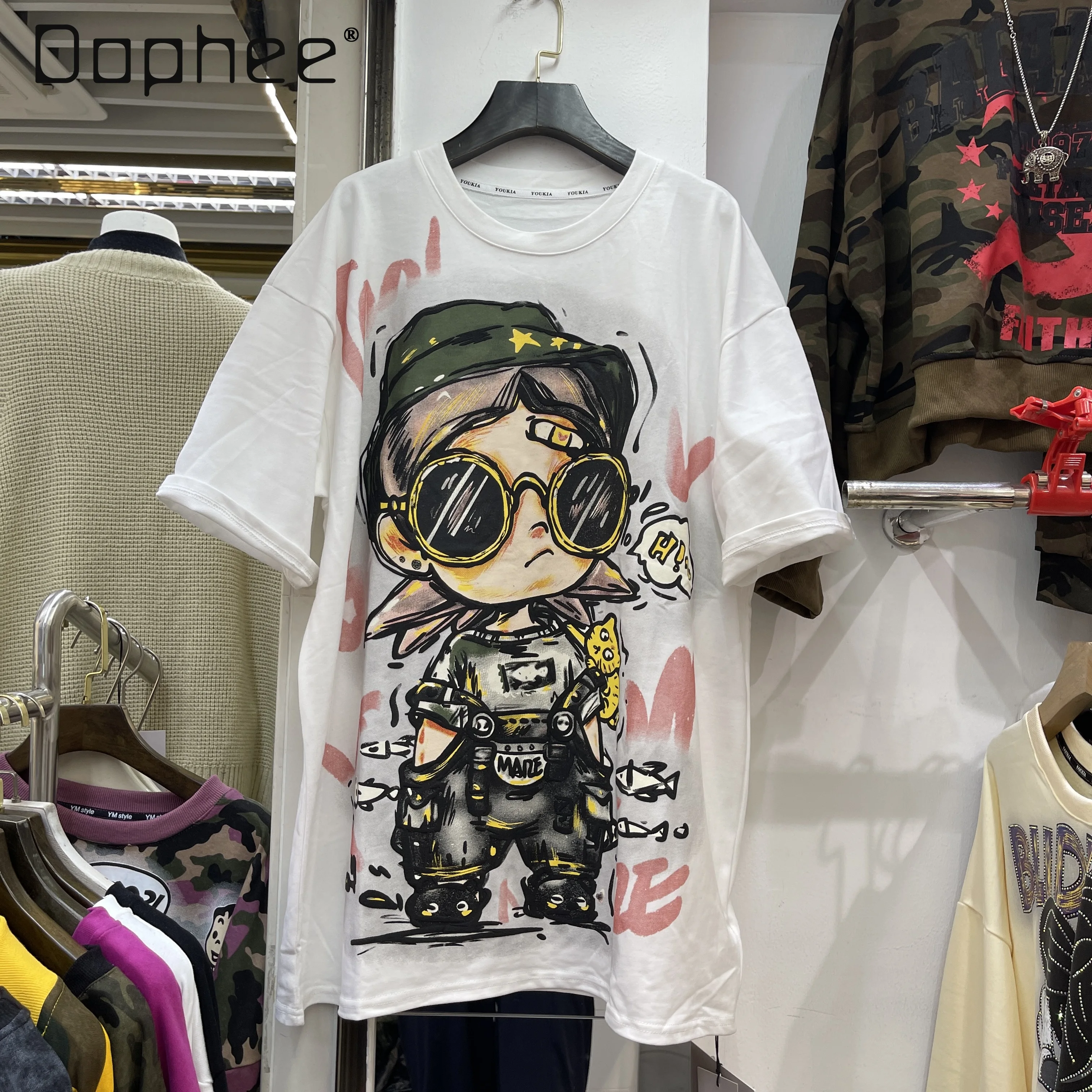 

European Style Short Sleeve T-Shirt 2025 Autumn New Loose Fit Heavy Print Round Neck Cotton Top Women Clothing Vintage Clothes