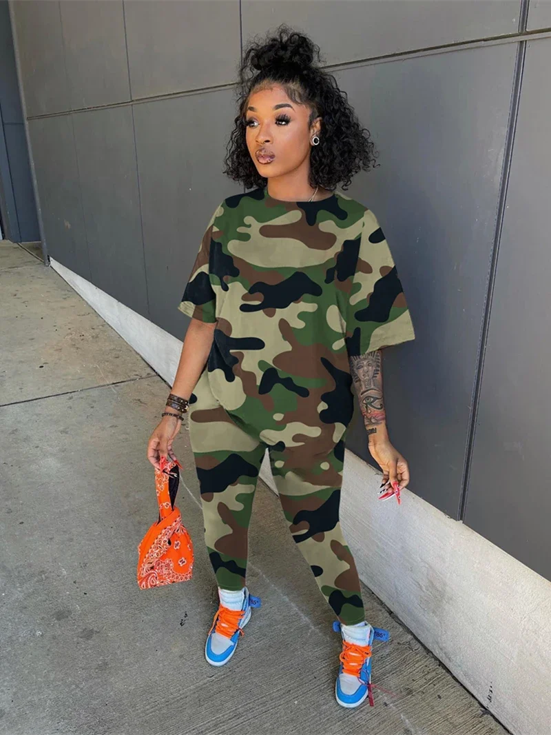 

Streetwear Camouflage Tracksuit Women Two 2 Piece Set Outfits Short Sleeve Shirt Top and Pants Suits Casual Woman Matching Sets