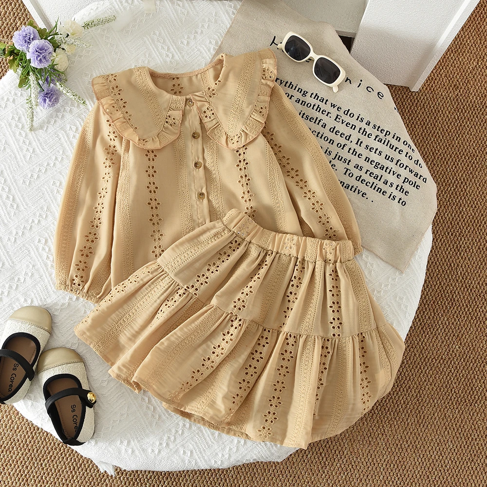 Koreanisches Akademie-Style Kinderset für Frühling und Herbst, Mädchenkleidung, Khaki Bedrucktes Hemd mit Kragen und Langen Ärmeln + Kurzer Rock – Detail 19