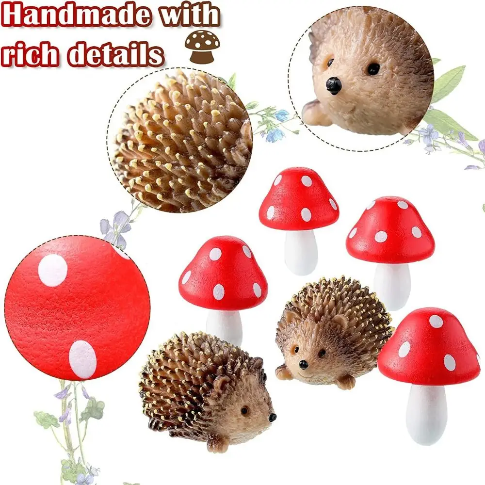 6PCS Resin Mushroom Miniature Decorations Garden Supplies Home Decor Hedgehog Models Action Figure Simulated Animals Figurines