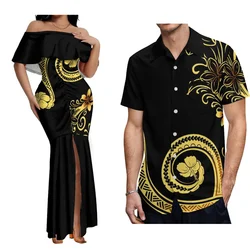 Summer Off-The-Shoulder Dress Women'S Fashion Samoan Fishtail Skirt Matching Hawaiian Men'S Shirt Polynesian Tribal Design