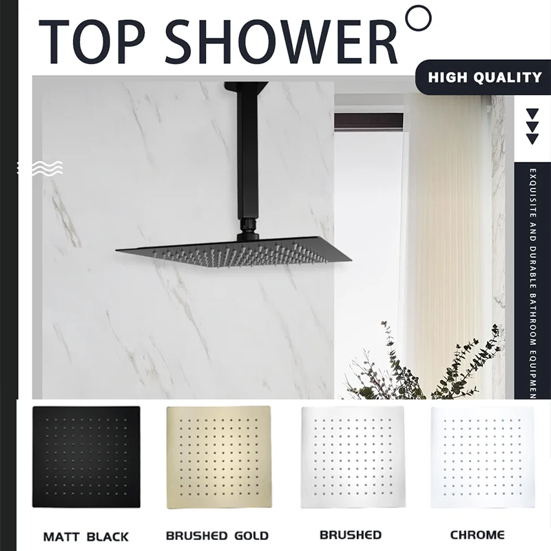 

Ultra Thin Brushed Bathroom Overhead Ceiling Mounted Shower Arm And Head Square Rainfall Sprinkler 8/10/12'' Options Available