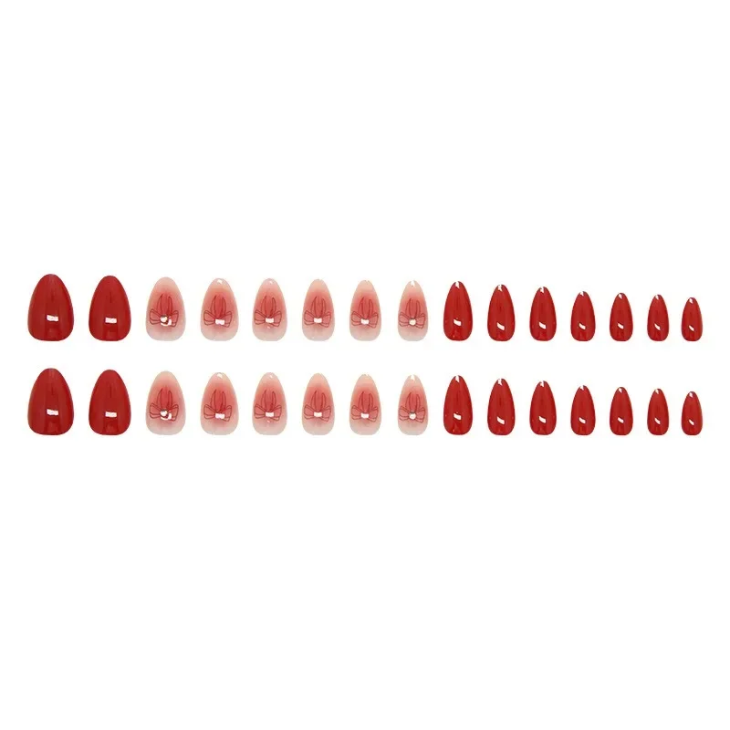 24 Uds. De colorete en polvo rojo, uñas postizas con forma de almendra y diseño de lazo para mujeres y niñas, uñas del Día de San Valentín