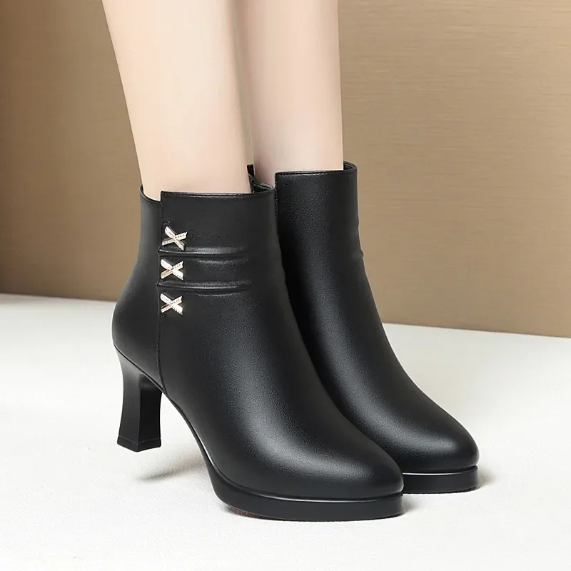 7cm 9cm Elegant Office Ladies Soft Leather Boots with fur Fall Winter 2024 Block High Heels Ankle Boots Plush for Mom Daily