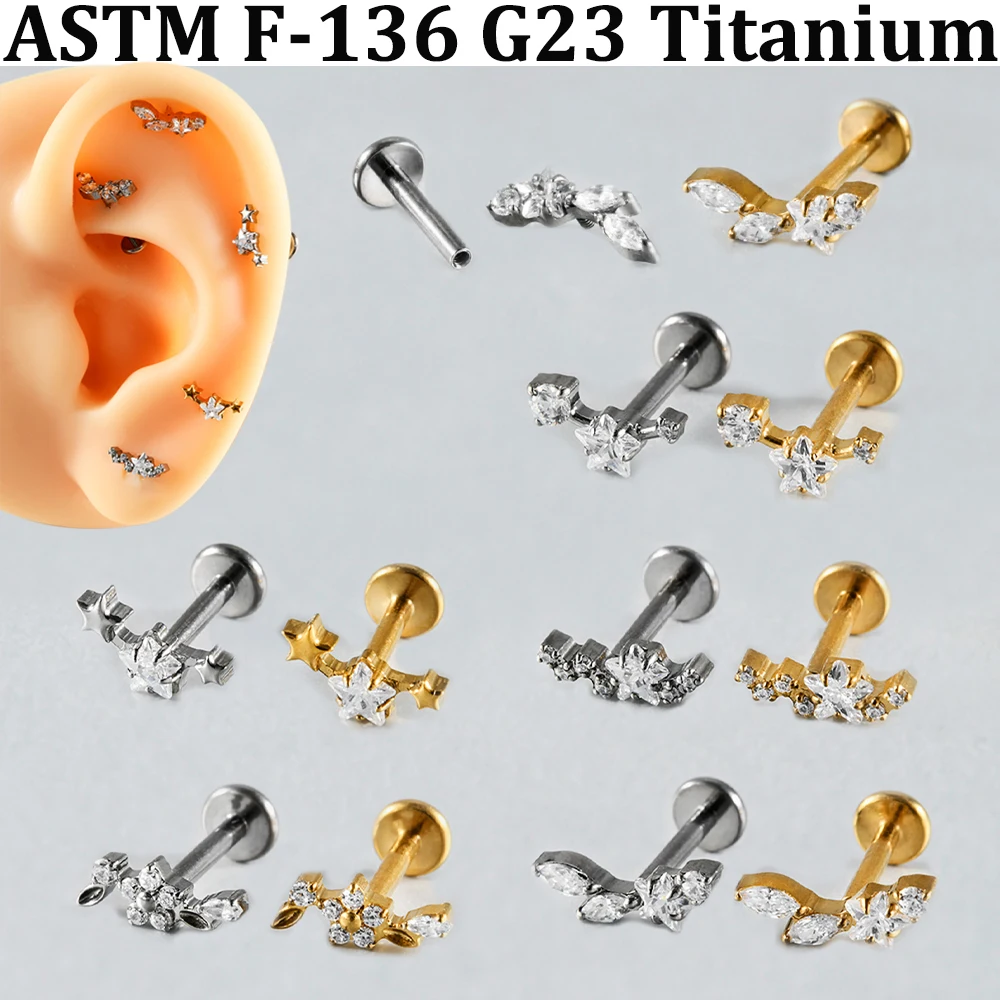 1PC G23 Solid Titanium Silvery&Golden Color Flower Marquise CZ Paved Internal Thread Lip Ear Cartilage Tragus Conch Lobe Earring