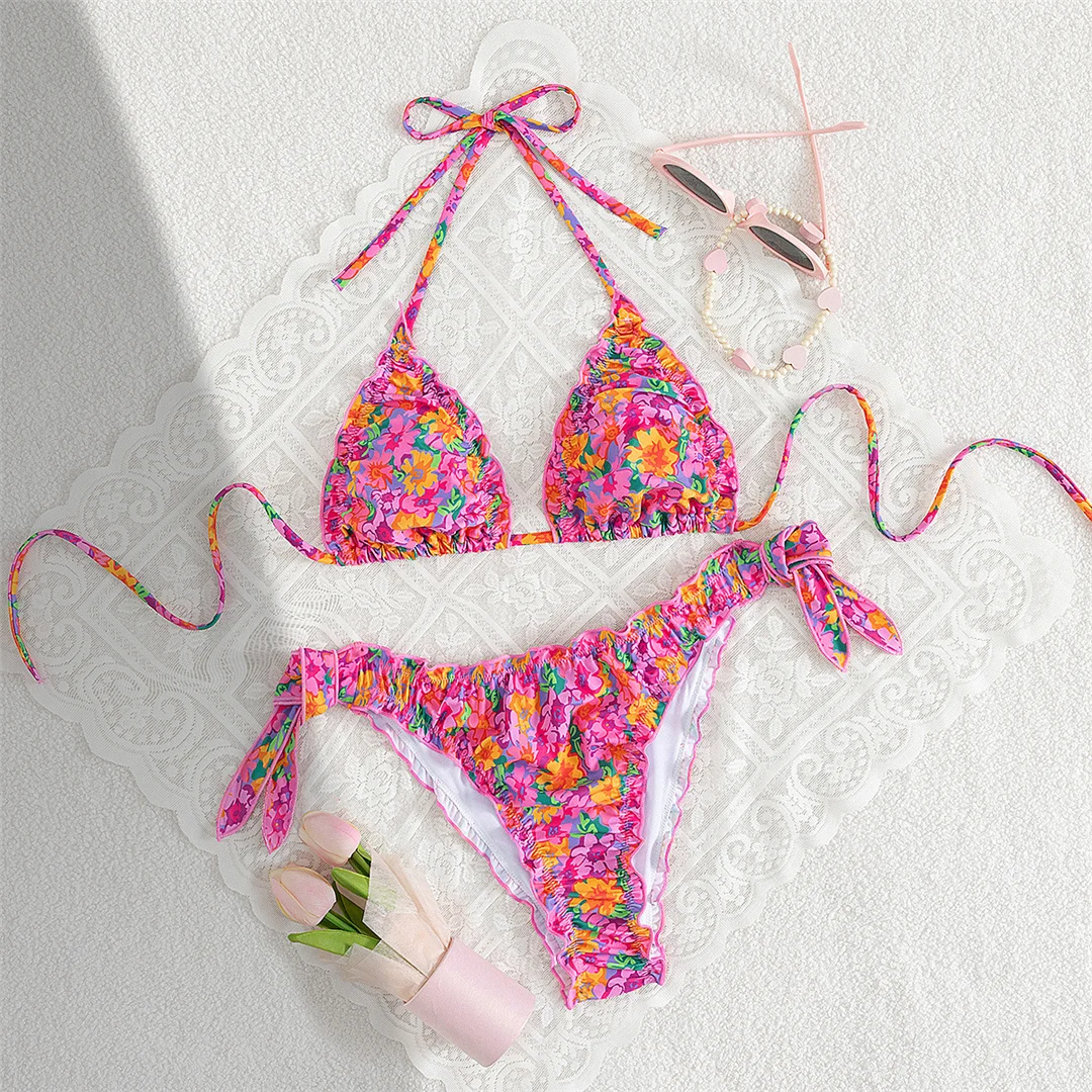 S - XL, Blumenmuster, Neckholder-Bikini, Damen-Badebekleidung, zweiteiliger Bikini, Badeanzug, Badebekleidung, Modell V8104. – Detail 5