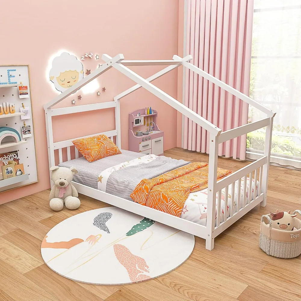 Solid Wood Kids House Bed with Roof, Headboard and Footboard, Low Floor Twin Bed Frame for Toddlers Teens Girls Boys