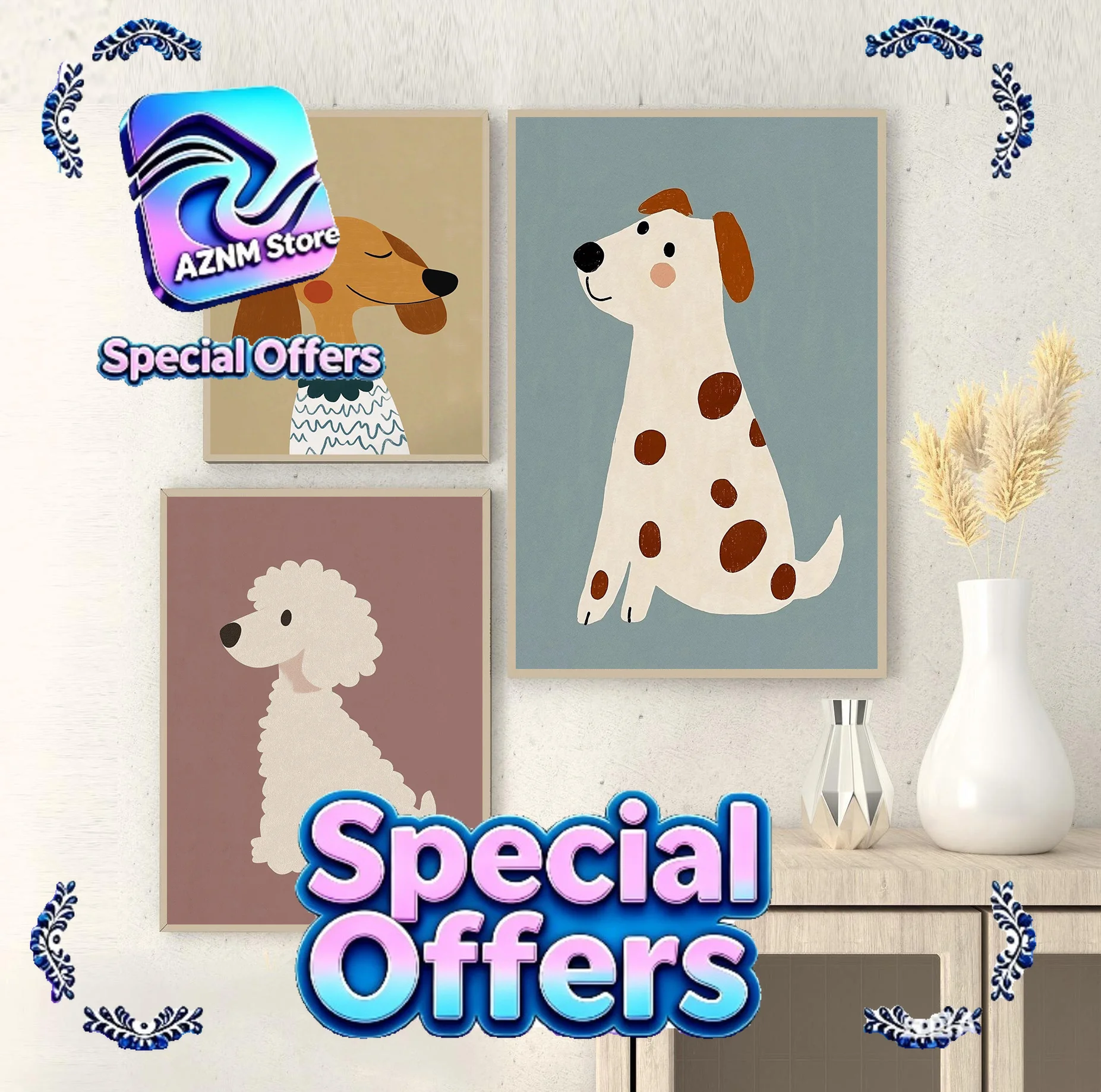 Cute Animal Nordic Art Colorful Cartoon Dog Illustrations Poster Canvas Paintings Wall Art Pictures Kindergarten Home Decor