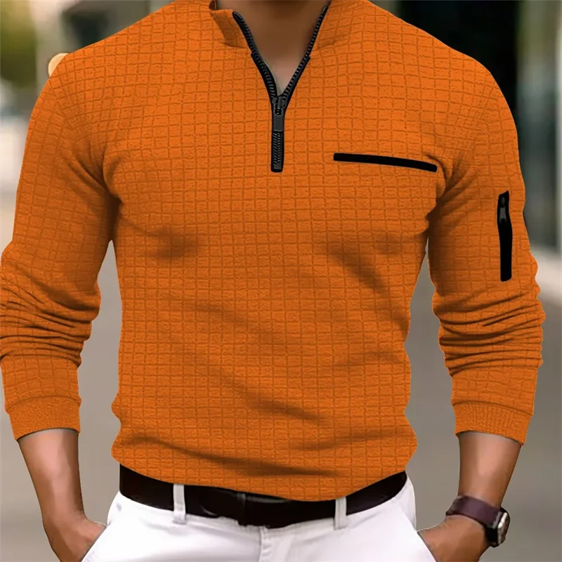 

Men's striped square long-sleeved POLO shirt zipper collar retro style sports outdoor leisure light autumn and winter new