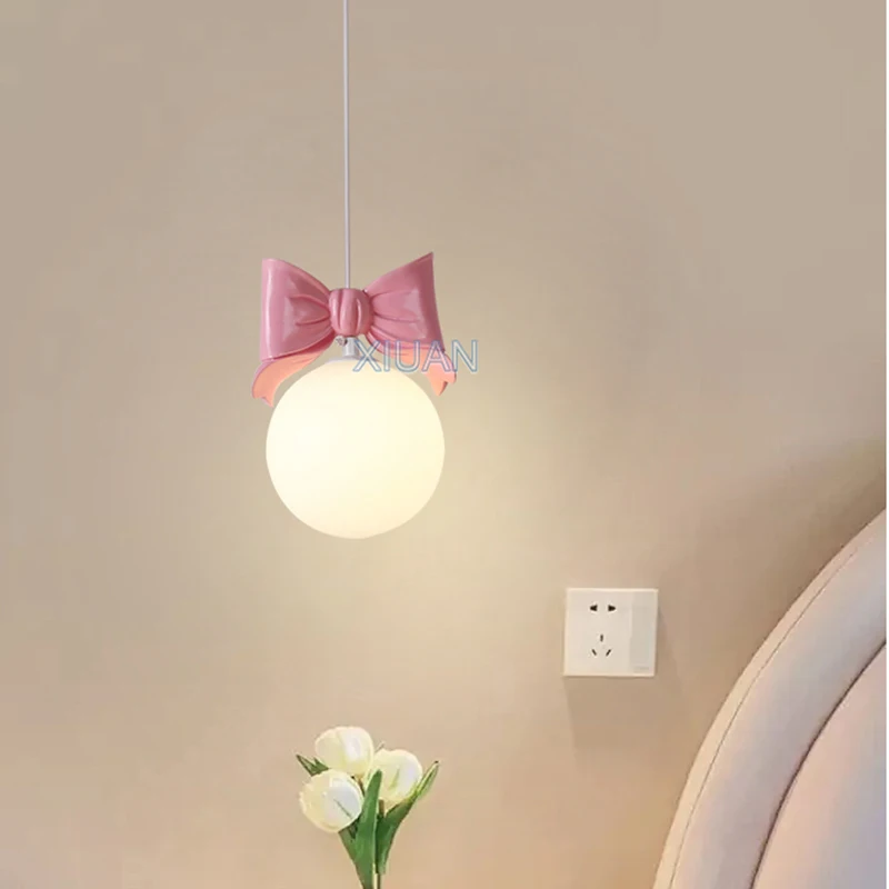 Small Children's Room Bedside Pendant Lamps White Pink Crown Bowknot Princess Bedroom Hanging Light G9 Girls Cloakroom Hallway