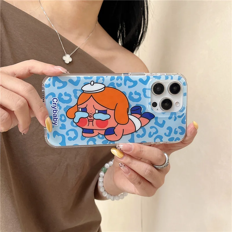 

Funny Cute Crying Girl Leopard Print Phone Case For iPhone 16 Pro 14 13 15 Pro Max Back Cover Cartoon Cases Capa