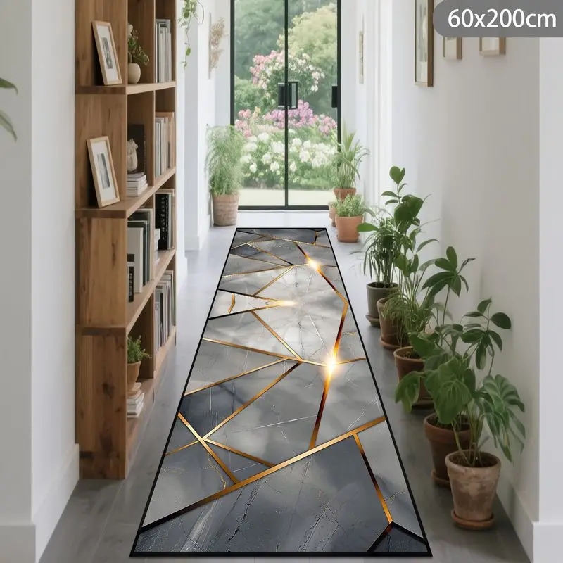VIKAMA Black Grey Geometric Marble Runner Floor Mat Abstract Texture Print Non Slip Rug For Kitchen Hallway Home Decor