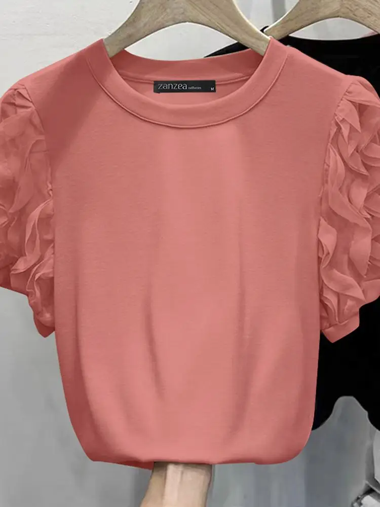 ZANZEA-Blusa de retazos con volantes lisos para mujer, camisas de manga corta con farol de verano, túnicas Vintage de cuello redondo, Tops informales sueltos 2024